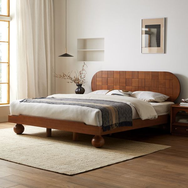 Vintage 1.8m Solid Oak Wood Double Bed Slatted Frame Simple Modern Traditional Style Low Bed for Bedroom Soft Home Furniture