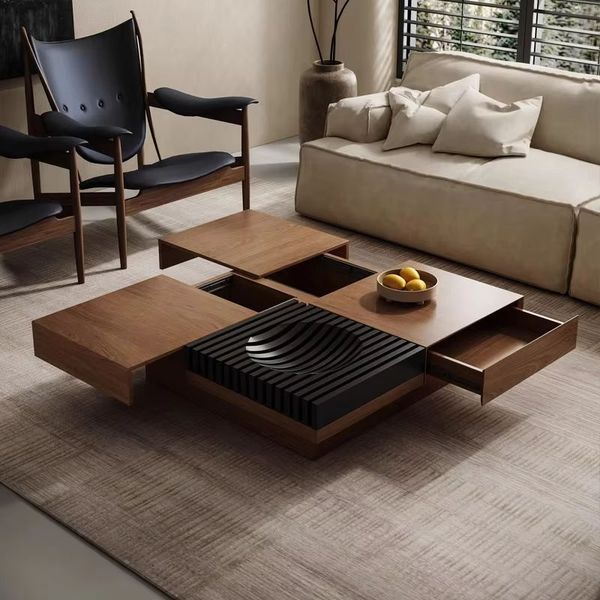 Hot Selling Square Wooden Coffee Table Set Luxury Modern Walnut Color Desk for Living Room Table With Drawers Coffee Table