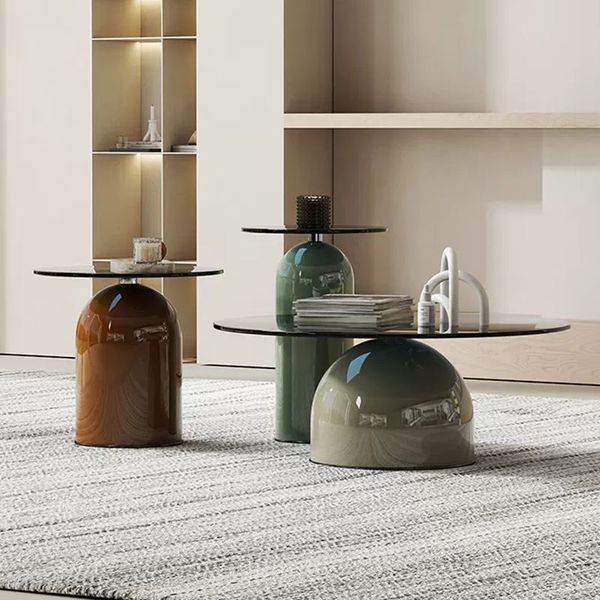 Round Glass Coffee Table Modern Coffee Table Set Minimalist Metal Baking Paint Coffee Table