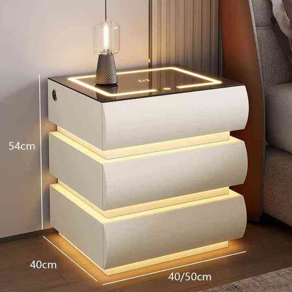 2025 Modern Smart LED Light Nightstand 3 Drawer Wireless Charger Wood Panel Nightstand Bedroom Living Room Storage Cabinet