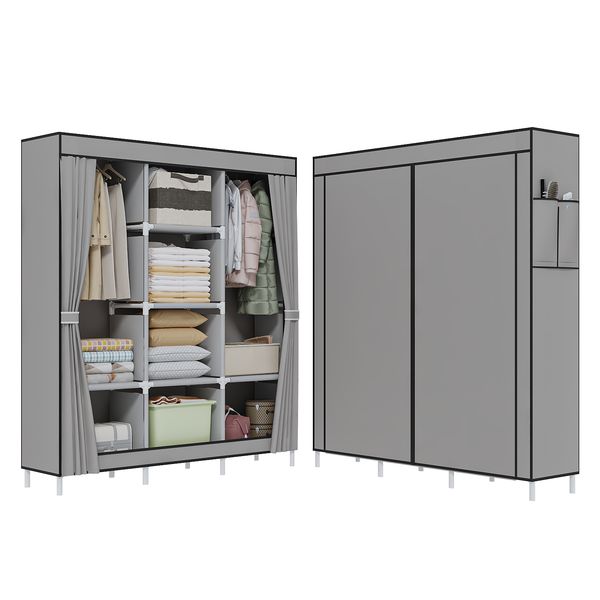 Hot Sale Non Woven Fabric Wardrobe Collapsible Wardrobe Closet For Cloth Almirah 2 Hanging Space 6 Shelves Organizer